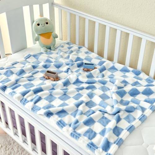 Yurhap Checkered Fleece Baby Blanket 30x40 Blue Soft Receiving Blanket