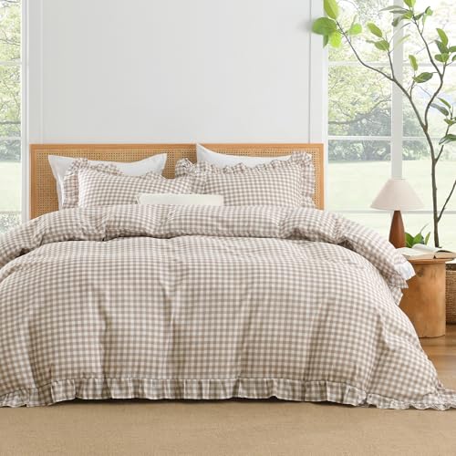 Tan Gingham Ruffle Duvet Cover Set - 3 Piece Soft Washed Farmhouse Bedding