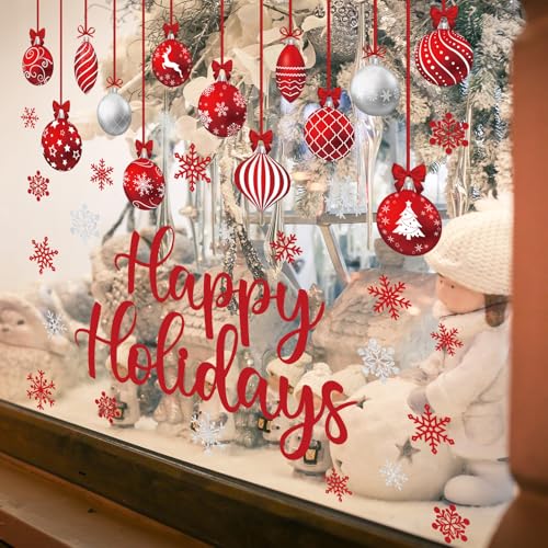 COCHIE Red Merry Christmas Window Clings Set (6 Sheets) Xmas Ball Double-Sided Decoration - XMAS
