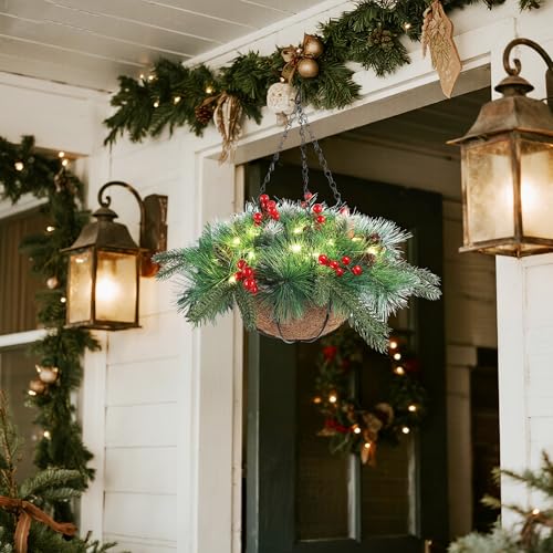 Pre-Lit Artificial Christmas Hanging Basket with LED Lights and Timer