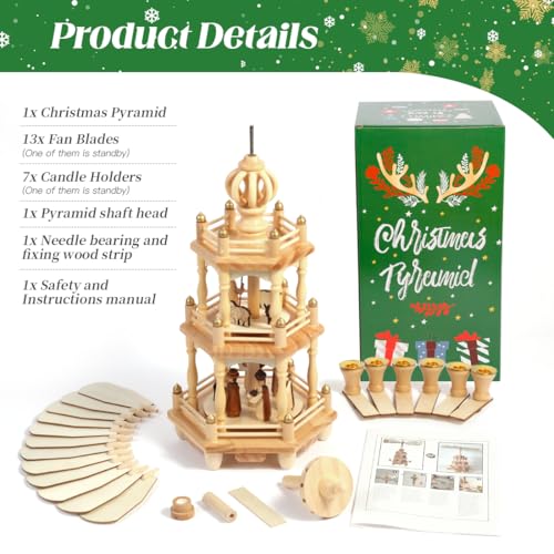 18-Inch Wooden Christmas Pyramid - 3-Tier Nativity Scene Candle Carousel