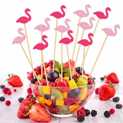 JtmyAota Flamingo Cocktail Picks - 100 Natural Bamboo Party Toothpicks