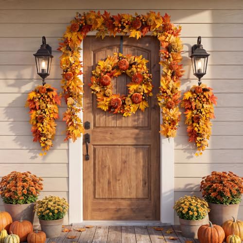 28-Inch Velvet Pumpkin Teardrop Swag with Pinecones and Berries