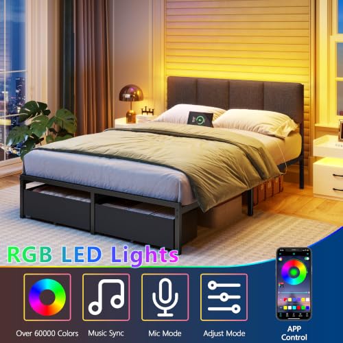 Full Size Platform Bed Frame with LED Headboard, Storage Drawers & USB