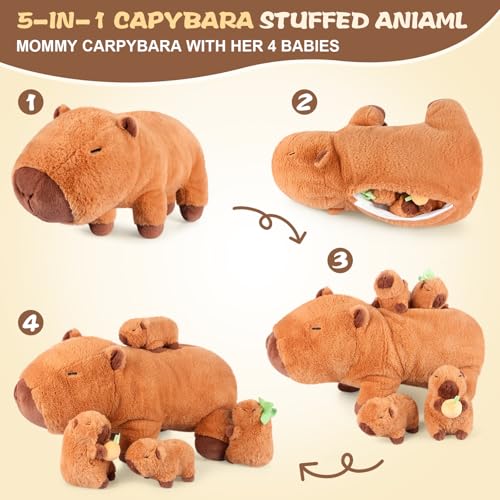 Capybara Plush Family Set: 17-Inch Mommy with 4 Baby Stuffed Animals