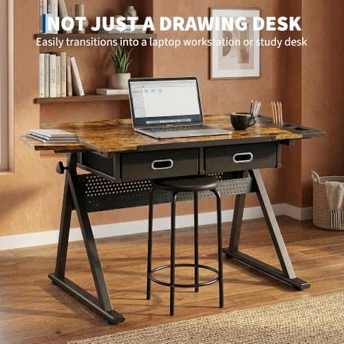Height Adjustable Drafting Table with Stool, Tilting Art Desk with Drawers