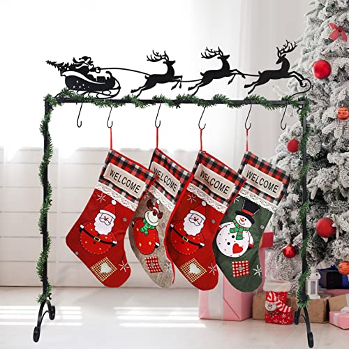 Black Metal Christmas Elk Cart Stocking Holder Stand with 6 Hooks - Freestanding Holiday Decor