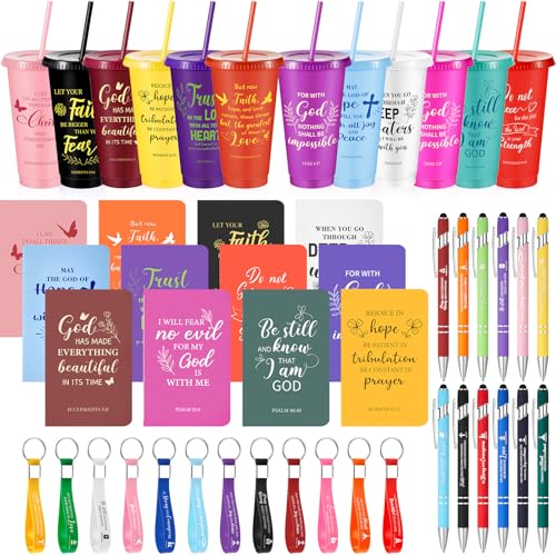 Hollowfly 48 Pc Christmas Christian Gift Set (Colorful) – 12 Bible Verse Cups, Notebooks, Pens & Keychains