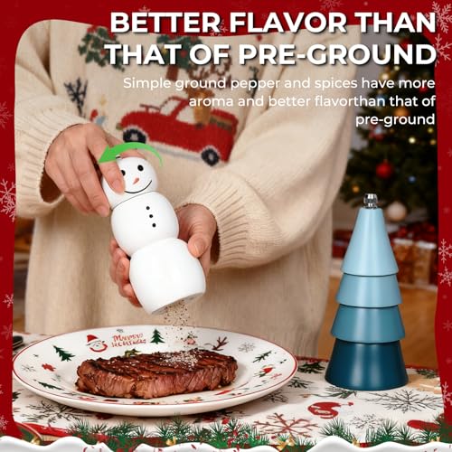 SETRON Christmas Salt & Pepper Grinder Set, Snowman & Tree with Ceramic Core, Refillable Manual Shakers