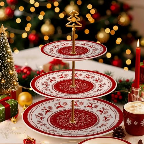 Lallisa Snowflake 3-Tier Christmas Cake Stand 10/9/7 in Blue & White Ceramic with Gold Frame