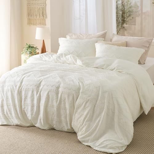 Boho Tufted Queen Duvet Cover Set - 3-Piece White Bedding with Shams