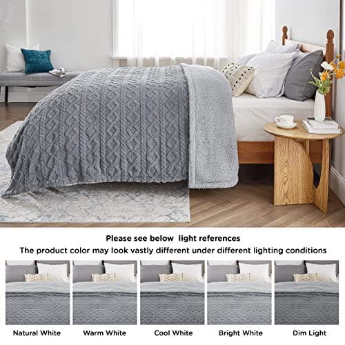 Bedsure Gentlesoft Sherpa Fleece Blanket Twin Size for Bed - Fluffy & Cozy Cable Jacquard Tufted for Women Gift, Thick and Warm Christmas Blanket for Winter, Grey, 60x80 Inches