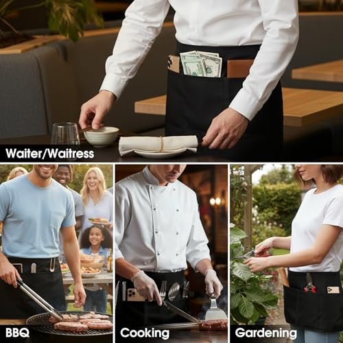 Waist Apron with 3 Pockets - Durable Black Server Apron for Waitstaff