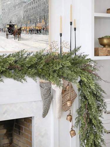 Artificial Christmas Garland 6ft Pine Cedar & Cypress Leaves for Mantel Fireplace Decor