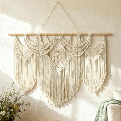 Large Macrame Wall Hanging 43x32 - Boho Woven Cotton Tapestry Art