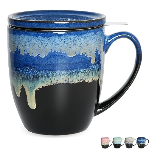 Bosmarlin Blue Ceramic Tea Mug with Infuser & Lid 16 Oz – Dishwasher & Microwave Safe