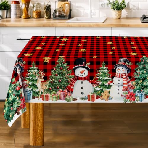 Unibyby Christmas Tablecloth 60x84 in with Snowman Snowflake Trees - Rectangular 84x60 Snowy Red