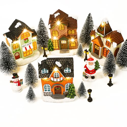 Aneco 19-Piece Christmas Village Set with Resin Houses Snowmen LED Lights & Trees