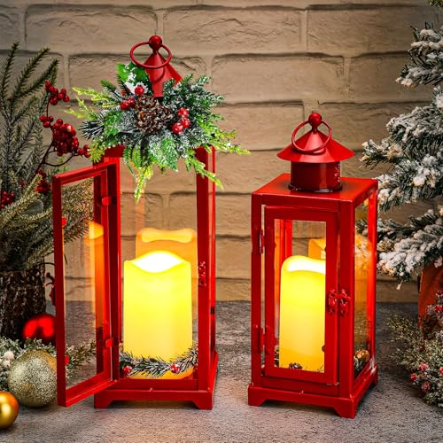 Baquler 2-Pc Red Christmas Lanterns with LED Candles – Farmhouse Metal Decor