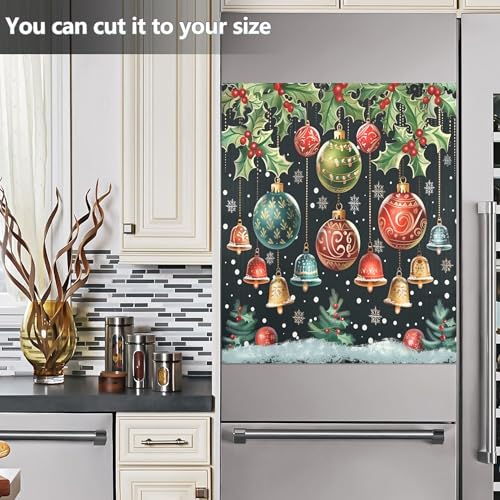 Christmas Bells Black Dishwasher Sticker Magnetic Cover – Winter Snowflake Poinsettia Berry, 23 x 26 in, Reusable Wamika