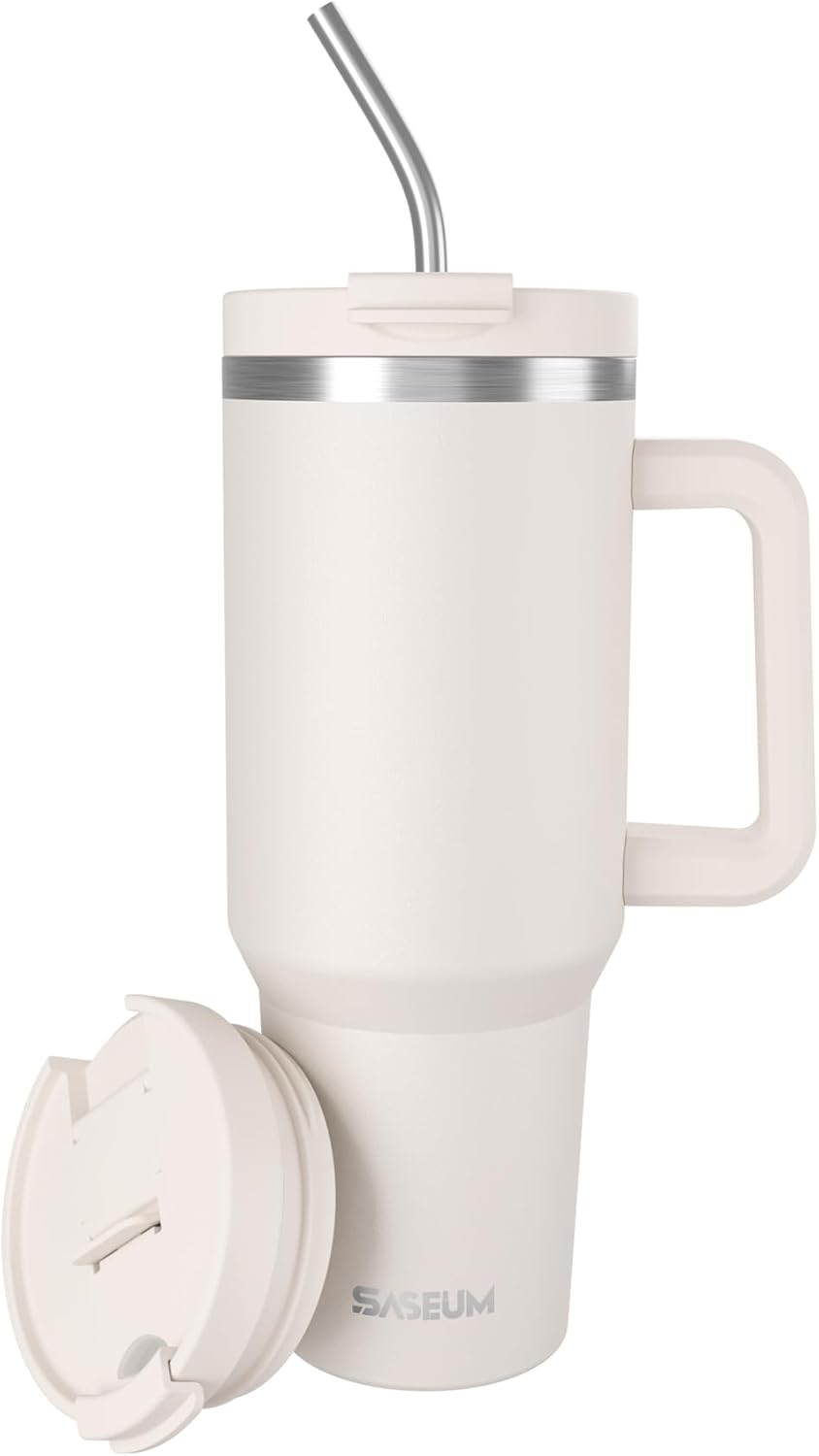 SASEUM 40 oz Stainless Steel Tumbler - Double Wall Insulated Water Bottle with Handle & Lid | White