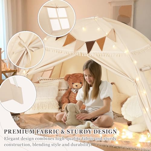 Twin Bed Tent Canopy for Kids with Flags & Star Lights - Portable Bedroom Privacy Tent