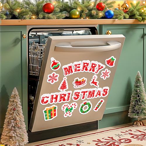 Merry Christmas Dishwasher Magnets 12pc Set – Reusable PVC Kitchen Refrig Door Decor