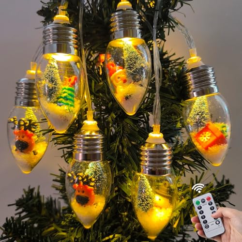 Vintage Christmas Snow Globe String Lights 6.8Ft Battery Operated 10 LED with 8 Modes & Timer - Christmas Elements with Christmas Tree