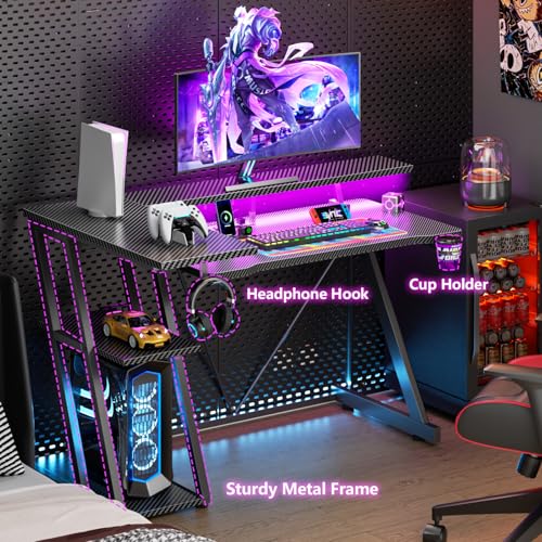 40-Inch L-Shaped Gaming Desk with LED Lights, Power Outlets & Storage Shelves