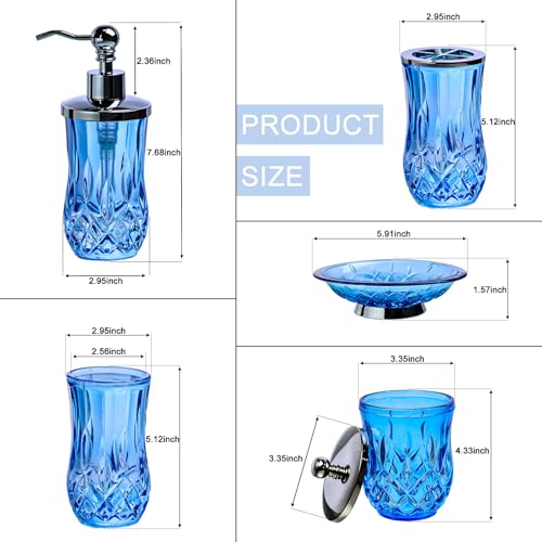 5-Piece Blue Glass Bathroom Accessory Set with Silver Pump and Holders