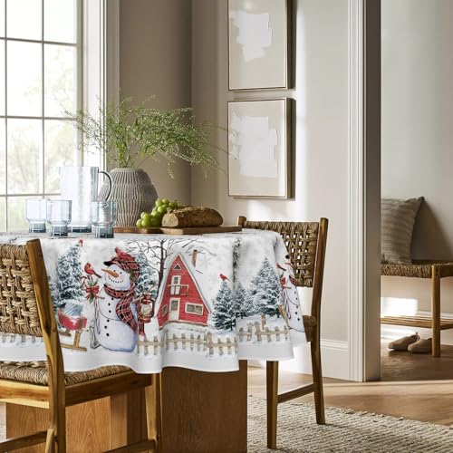 White Christmas Tablecloth 70x70 Inch Round Snowman Holiday Decor