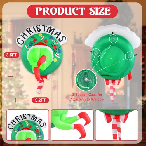 3.5ft Inflatable Christmas Wreath with Green Giant Monster, LED Lighted Outdoor Decor