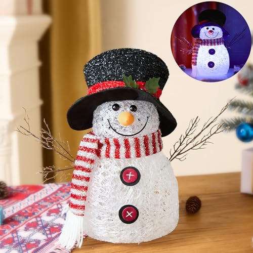ELAMAS Snowman Christmas Decor with Top Hat, 7 LED Color-Changing Lights, 13.7in Acrylic Tabletop Holiday Figurine