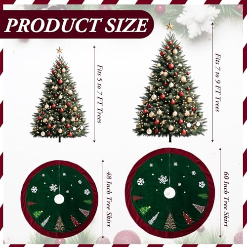 Soulchen 48 Inch Green Velvet Christmas Tree Skirt with Burgundy Trim