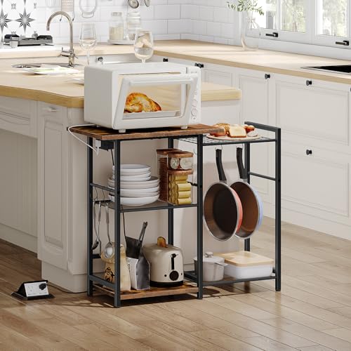 Bakers Rack with Power Outlet, Microwave Stand and Coffee Bar with 6 Hooks