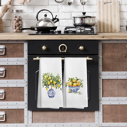TAEDIN Lemon-1 Chinoiserie Kitchen Towels Set of 2 Blue & White 16x24 Inches