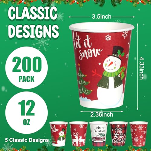 200 Pcs Christmas Paper Cups with Lids - 12 oz Snowflake Snowman Elk Design