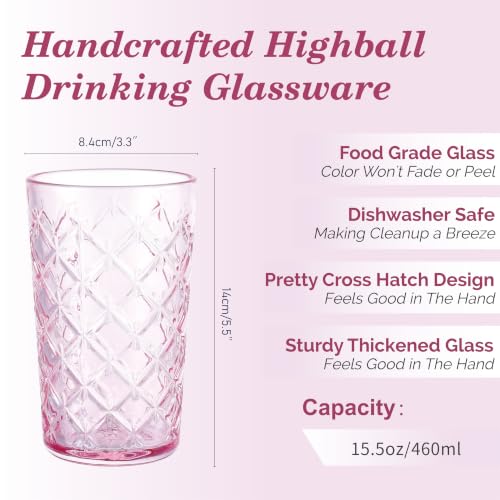 Pink Vintage Cross Hatch Highball Glass Set of 4, 15.5oz Drinking Water & Cocktail Glasses