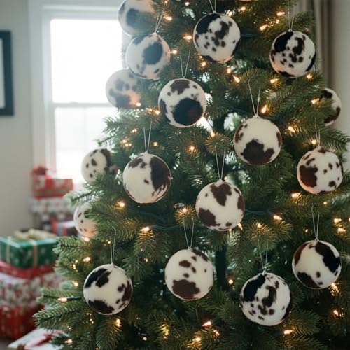 ElegantPark Ball Cowhide Christmas Ornaments Set of 10 - 3 inch Farmhouse Xmas Decor, White
