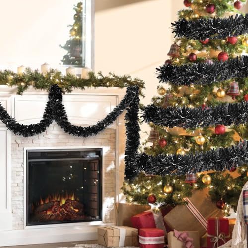 33ft Black Metallic Tinsel Garland for Halloween & Christmas Decor