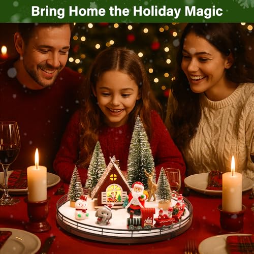 12-Piece Christmas Village Table Centerpiece Set with Rotating Oak Base