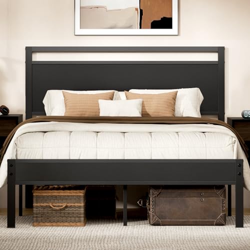 Queen Bed Frame with Wooden Headboard and Footboard, Metal Platform Bed