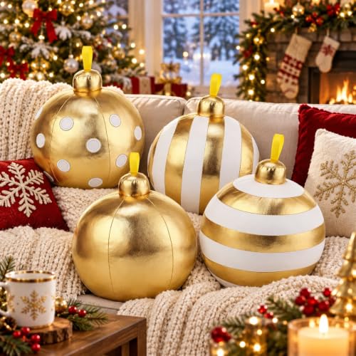 Beeveer 4 Pcs Gold Christmas Ball Ornament Pillows – 6" Set (Gold)
