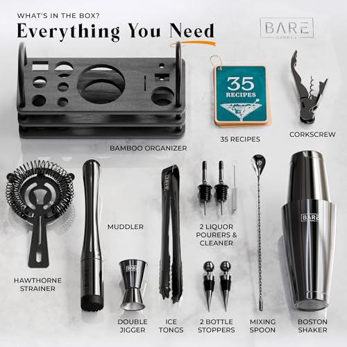 Bare Barrel 28oz Black Boston Shaker Cocktail Bar Set with Recipe Cards – Professional Mixology Kit