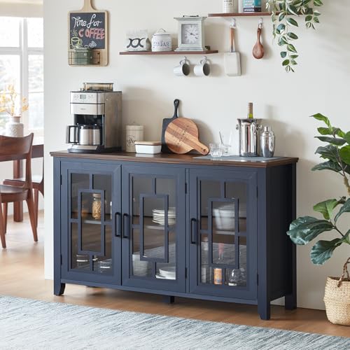 55-Inch Farmhouse Sideboard Buffet Cabinet with 3 Glass Doors, Navy Blue
