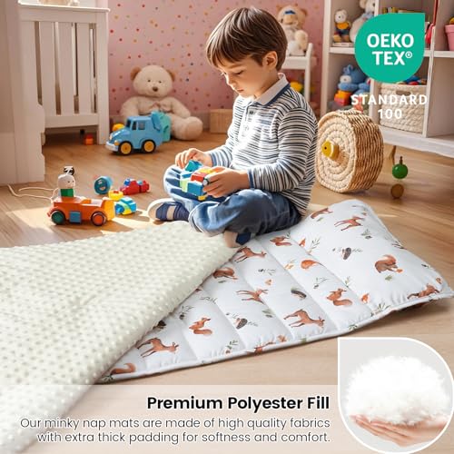 Toddler Nap Mat with Pillow and Minky Fleece Blanket, 55"x23" Woodland Animal
