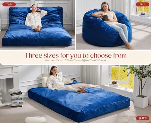 3-in-1 Queen Size Convertible Bean Bag Chair and Floor Bed - Blue Velvet
