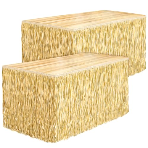 2-Pack Hawaiian Luau Grass Table Skirts, 108 x 30 Inch Tropical Fringe Decor