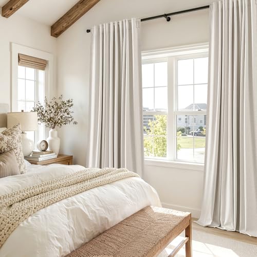 100% Blackout Linen Curtains 40W x 84L - Thermal Insulated Cream Drapes