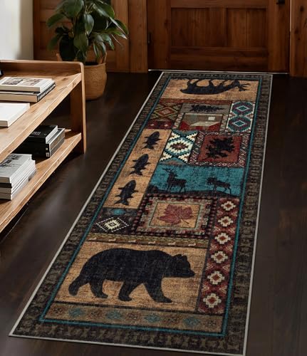 2x6 Rustic Bear Cabin Hallway Runner Rug - Washable Non-Slip Entryway Mat
